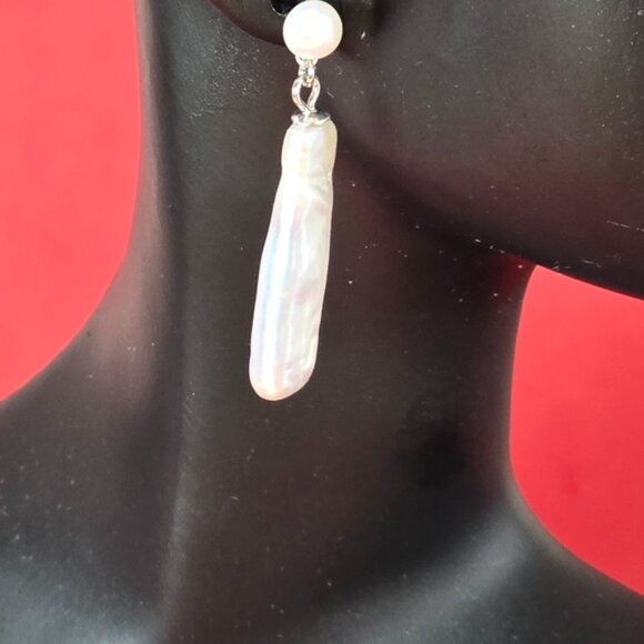 925 Sterling Silver Dangling Earrings with   Cultured Freshwater White Pearls. - Picture 5 of 8